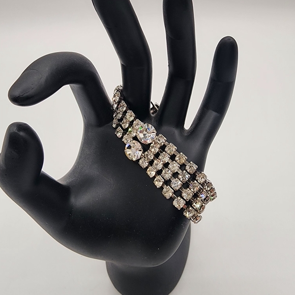 Vintage 4 Strand Silver Rhinestone Bracelet - Picture 1 of 16